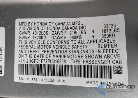 2023 Honda Civic Ex/Ex W/O Bsi из США, поврежденный, VIN 2HGFE1F72PH310938